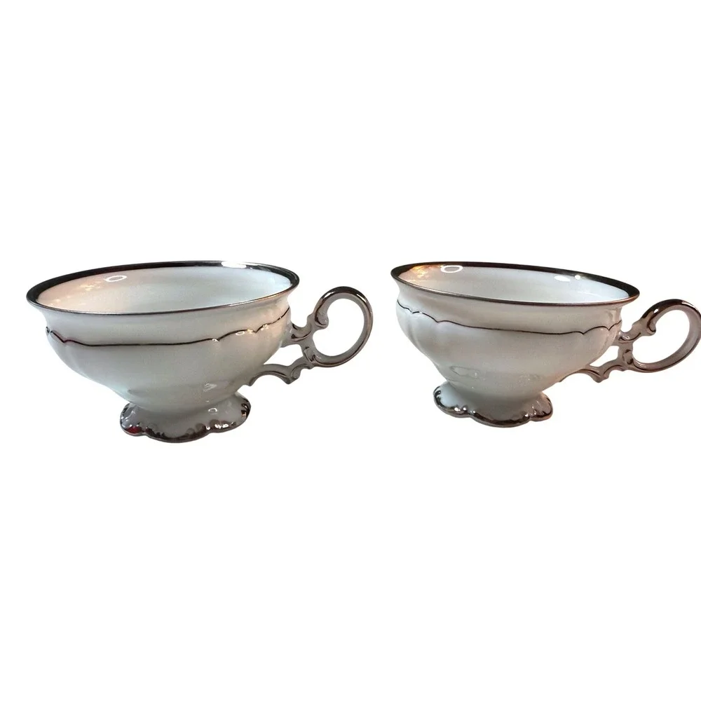 Vintage Porcelain‎ Tea Cup Saucer Set 2 Platinum Trim Scalloped Edge Bavaria MCM
